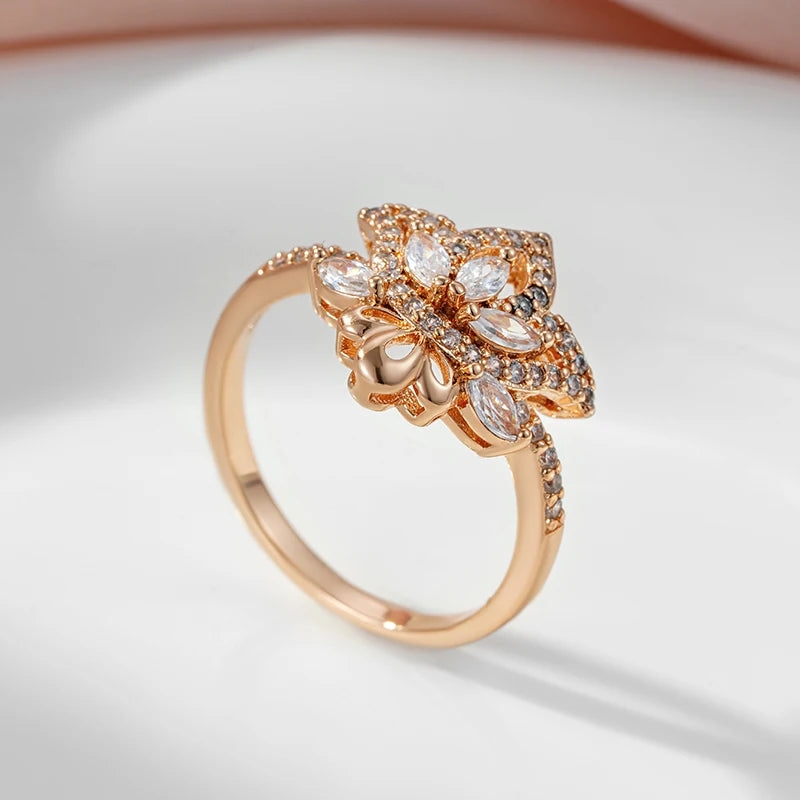 SYOUJYO Shiny Natural Zircon Ring For Women 585 Rose Gold Color Bride Wedding Fine Jewelry Flower Rings Gift