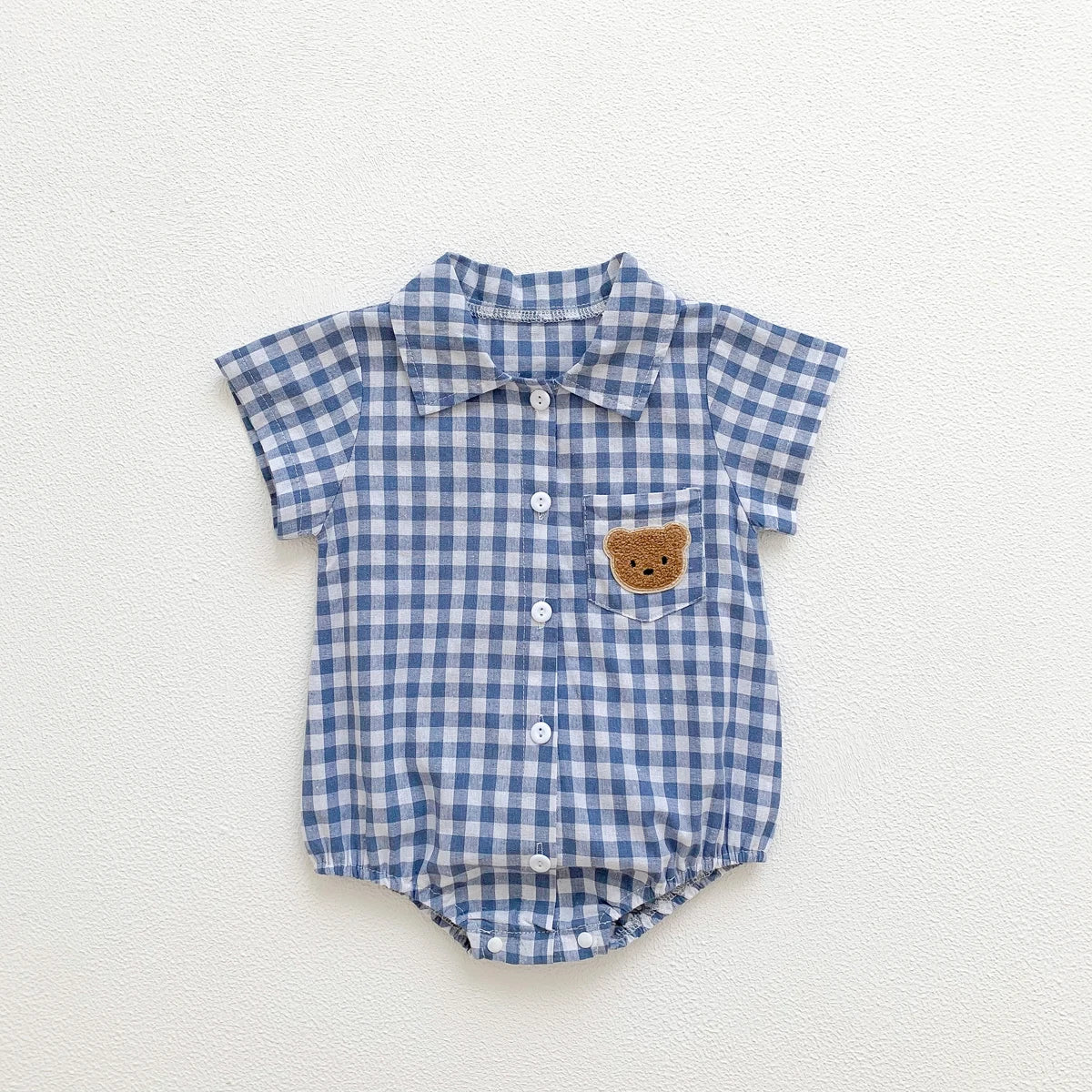 Baby Summer Clothes Boys Checked Bear Embroidered Shirt Collar Short-Sleeved Jumpsuit Children's Clothing