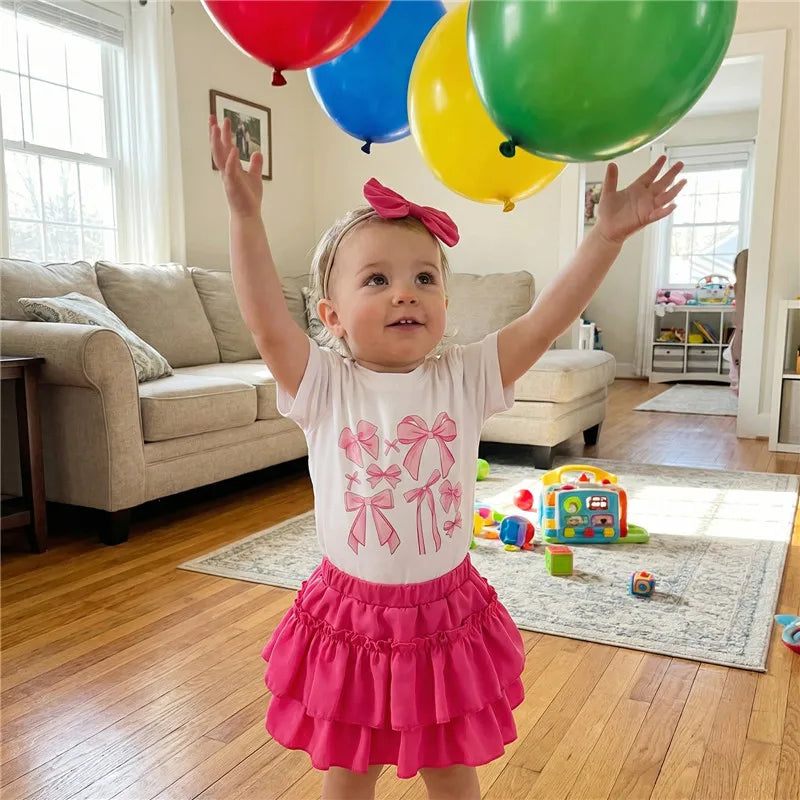 1-4years Infant Girl Summer Outfits Bow Print T-Shirt Riffled Skirt Bow 3 Pcs clothes Set for toddler girls