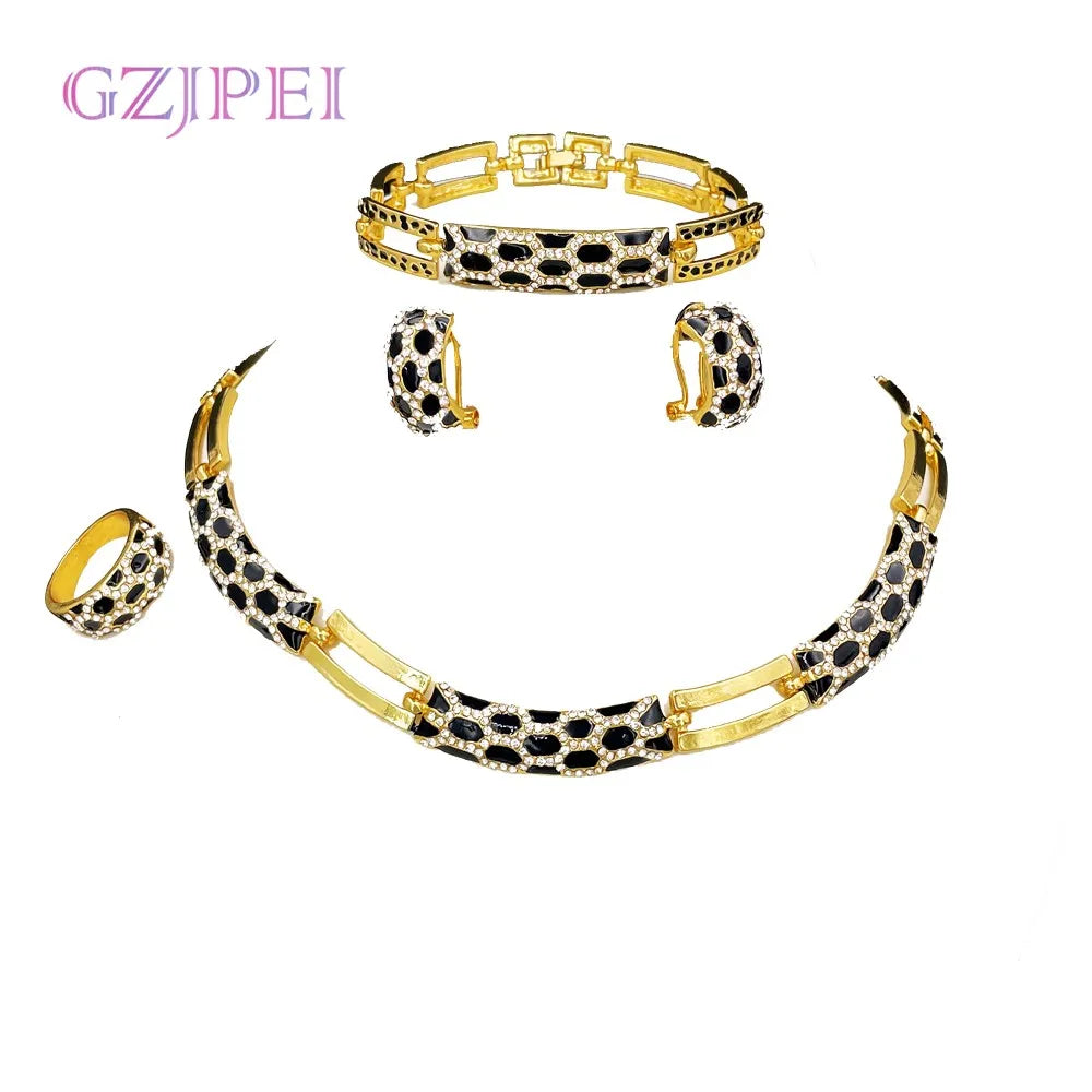 GZJPEI Elegant Women Jewelry Set Black Enamel Necklace Earrings Bracelet Ring With White Zircon For Bridal Wedding Gift