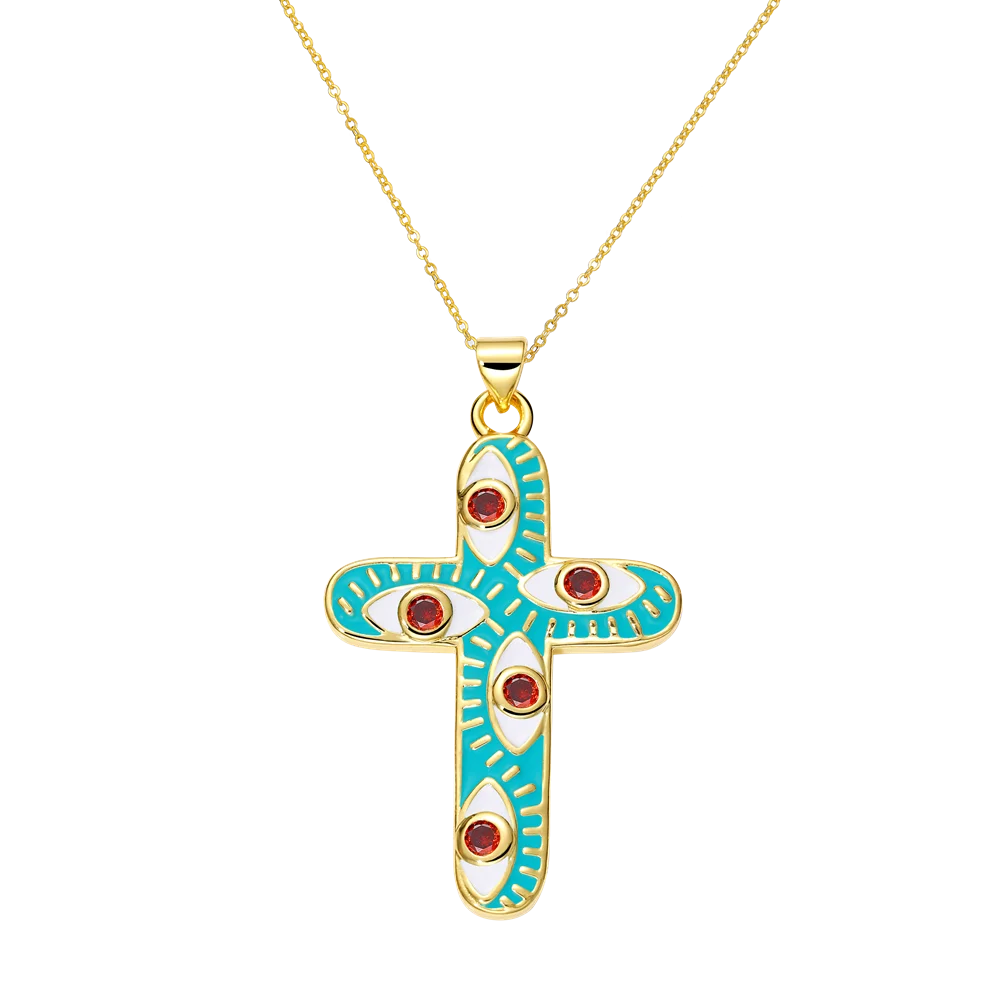 Juya 18K Real Gold Plated Handmade Decoration Cubic Zirconia Enamel Cross Pendant Necklace For Women Christian Jewelry Supplies