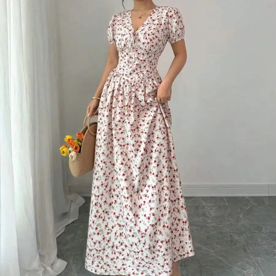 Elegant Women Summer Ditsy Floral Maxi Dress, Elastic Waist Puff Sleeve Beige Pastoral Long Dress, Casual Commute Music Festival