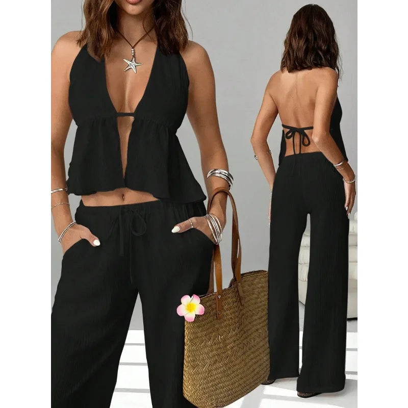 Women 2 Piece Outfits Halter Backless Tie Up Crop Top and Wide Leg Pants Casual Summer Vacation Two Piece Loungewear Tracksuit
