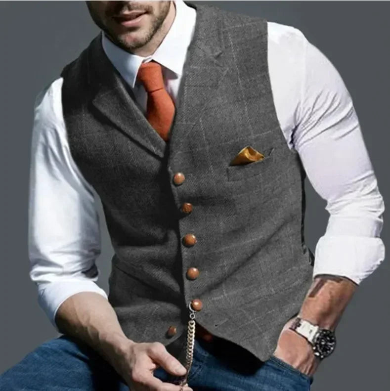 2026 Men's Formal Vests Lapel Tweed Plaid V-neck Waistcoat Slim Vest Business Formal Dress Suit Casual Wedding Tuxedo Male Vest
