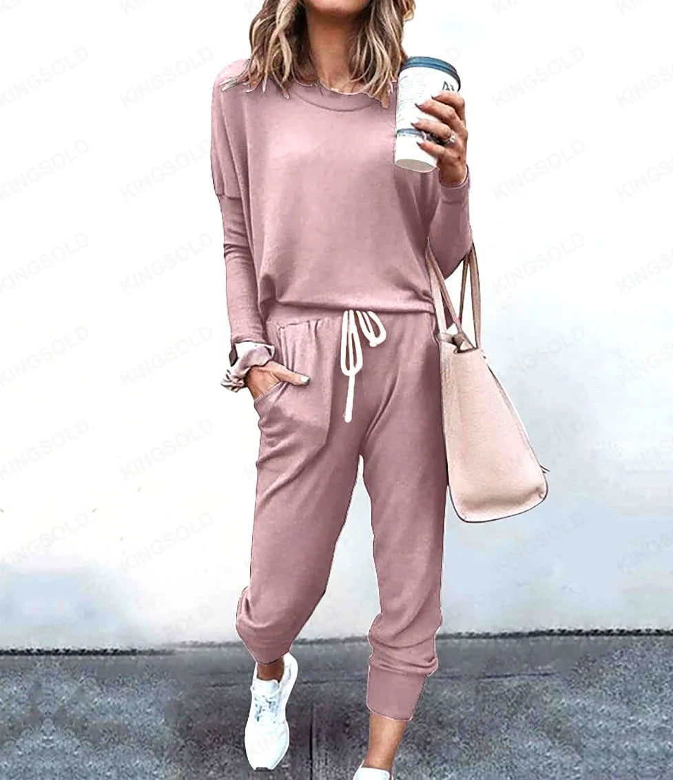 Women Casual Two Piece Outfit Set Long Sleeve Top and Drawstring Pants Loungewear