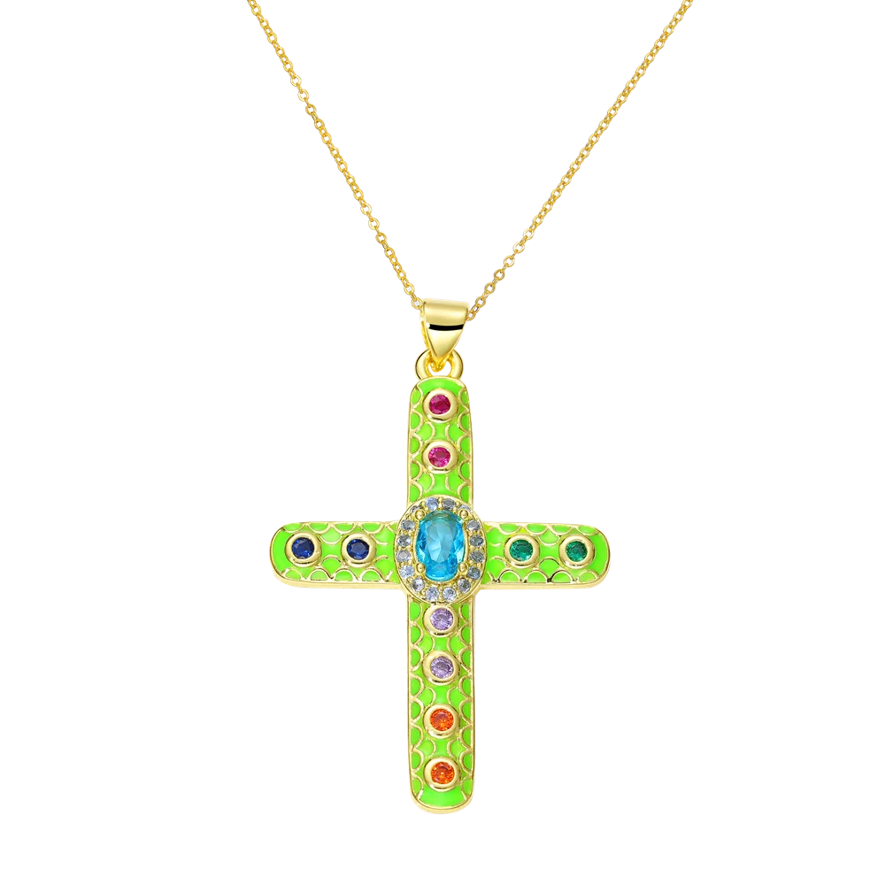 Juya 18K Real Gold Plated Handmade Decoration Cubic Zirconia Enamel Cross Pendant Necklace For Women Christian Jewelry Supplies