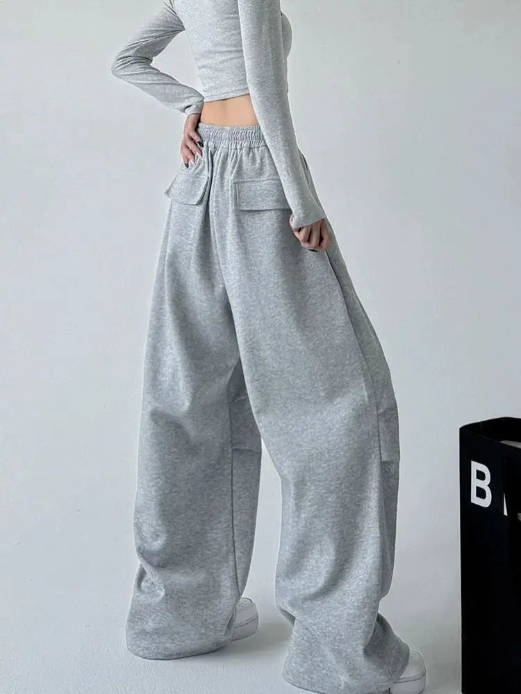 2025 New Harajuku Wide Leg Sweatpants Women Streetwear Baggy Oversize Gray Sports Pants Woman Drawstring Casual Joggers Trousers
