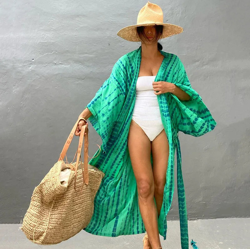 Long Kimono Swimsuit Cover up for Women Stylish Tie Dye Open Front Beach Outfits Bathing Suit