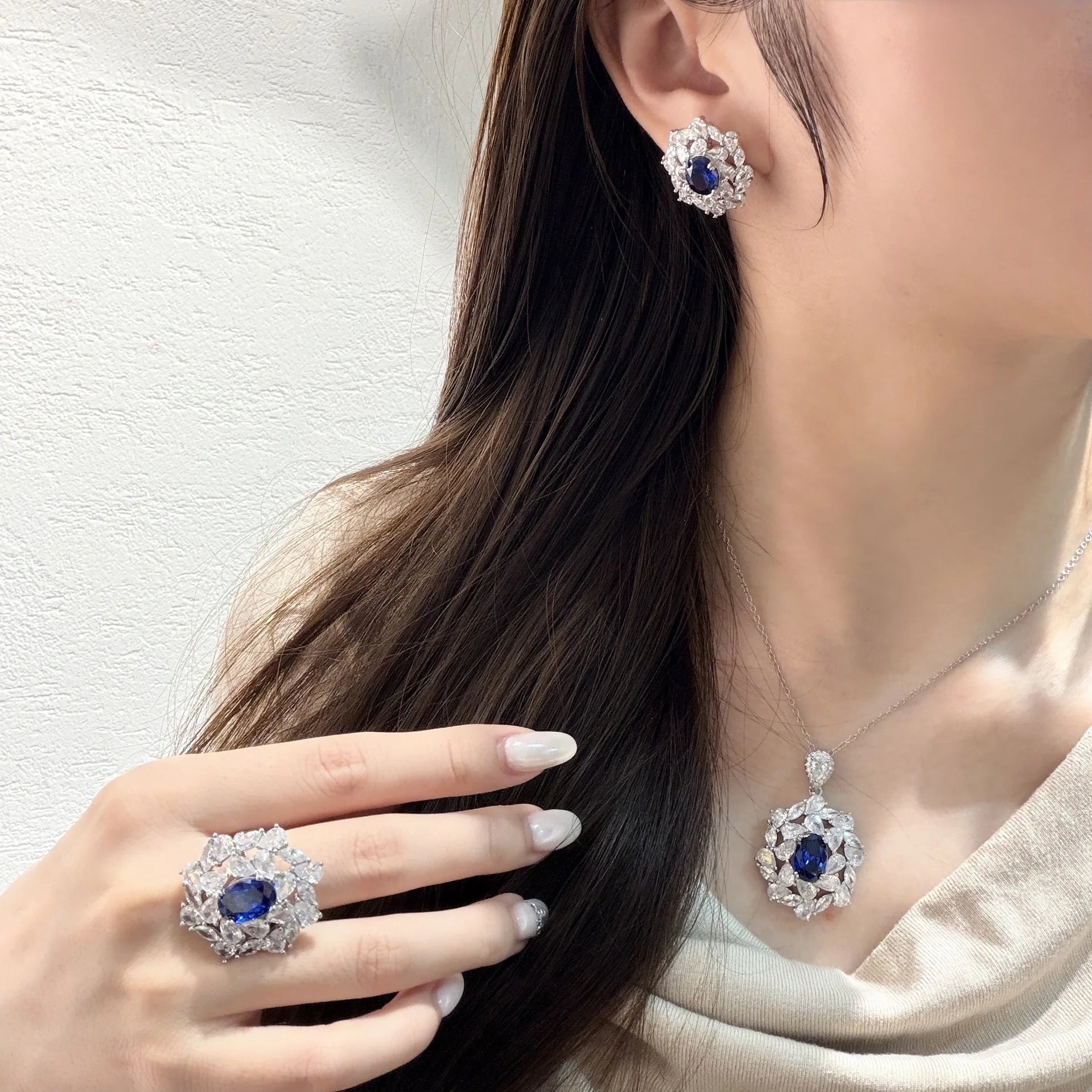 luxury quality jewelry sets brilliantly full diamonds blue earrings silver exquisite flower rings necklace wedding accessories
