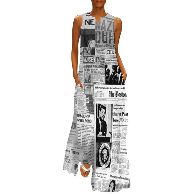 Newspaper Collage Print Dress Women Elegant Maxi Dress Street Style Casual Sleeveless Long Dress Summer V-Neck Pattern Vestidos