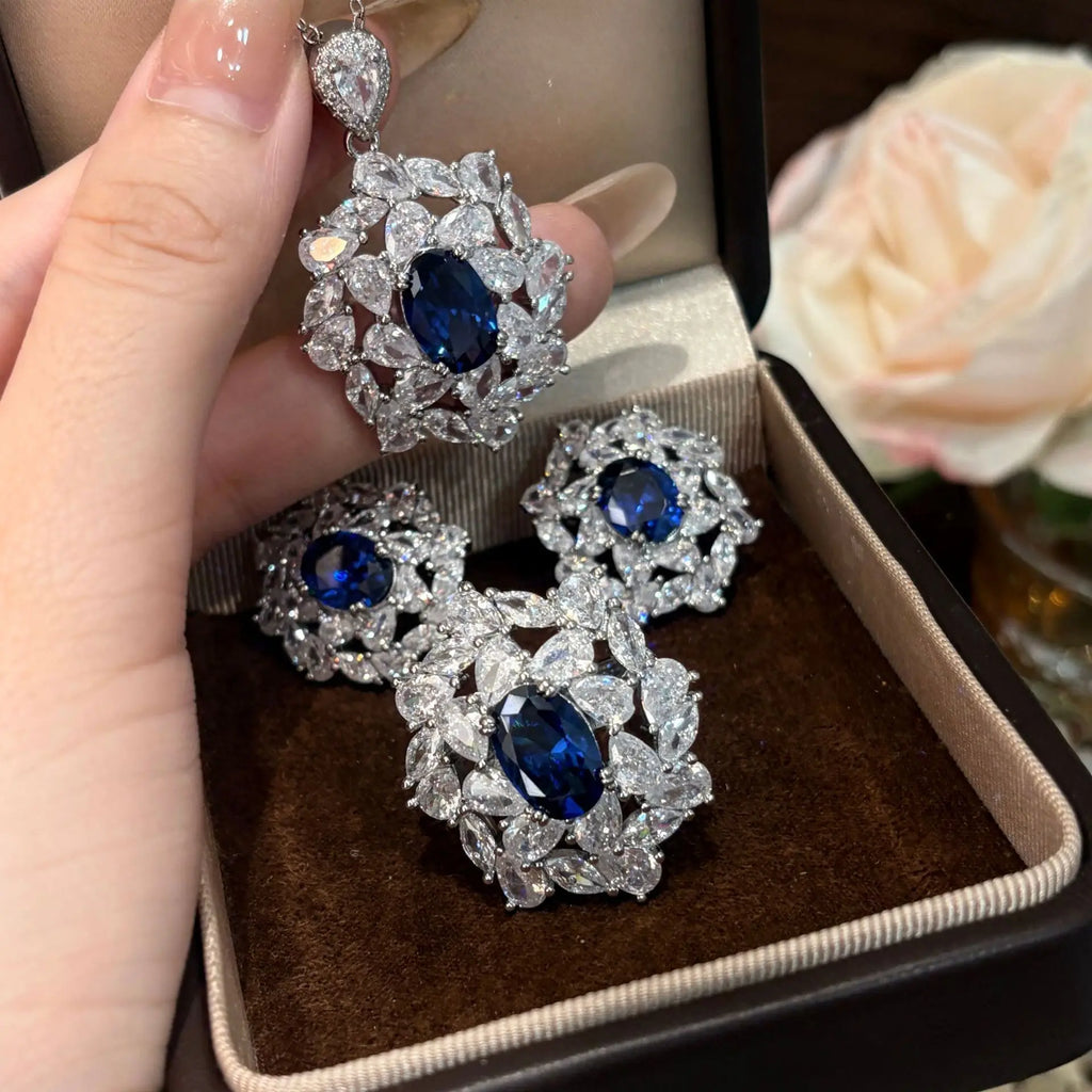 luxury quality jewelry sets brilliantly full diamonds blue earrings silver exquisite flower rings necklace wedding accessories