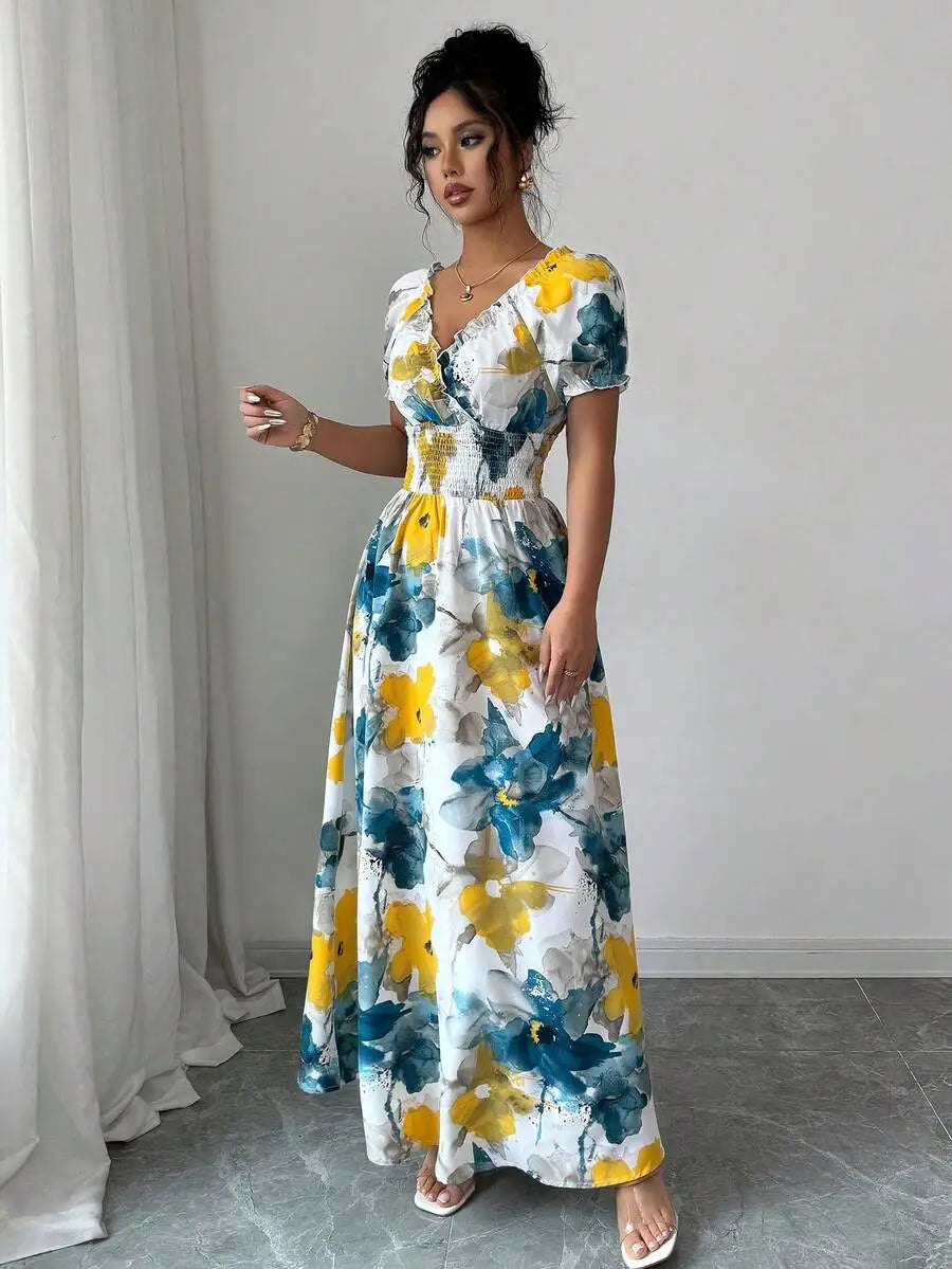 2026 Summer Women Slim Shirred Maxi Dress, V Neck Big Floral Print Long Dress, Yellow And Blue Flower Ladies Dress