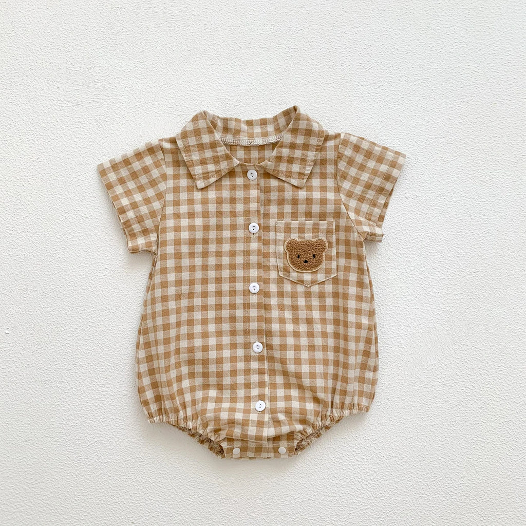 Baby Summer Clothes Boys Checked Bear Embroidered Shirt Collar Short-Sleeved Jumpsuit Children's Clothing