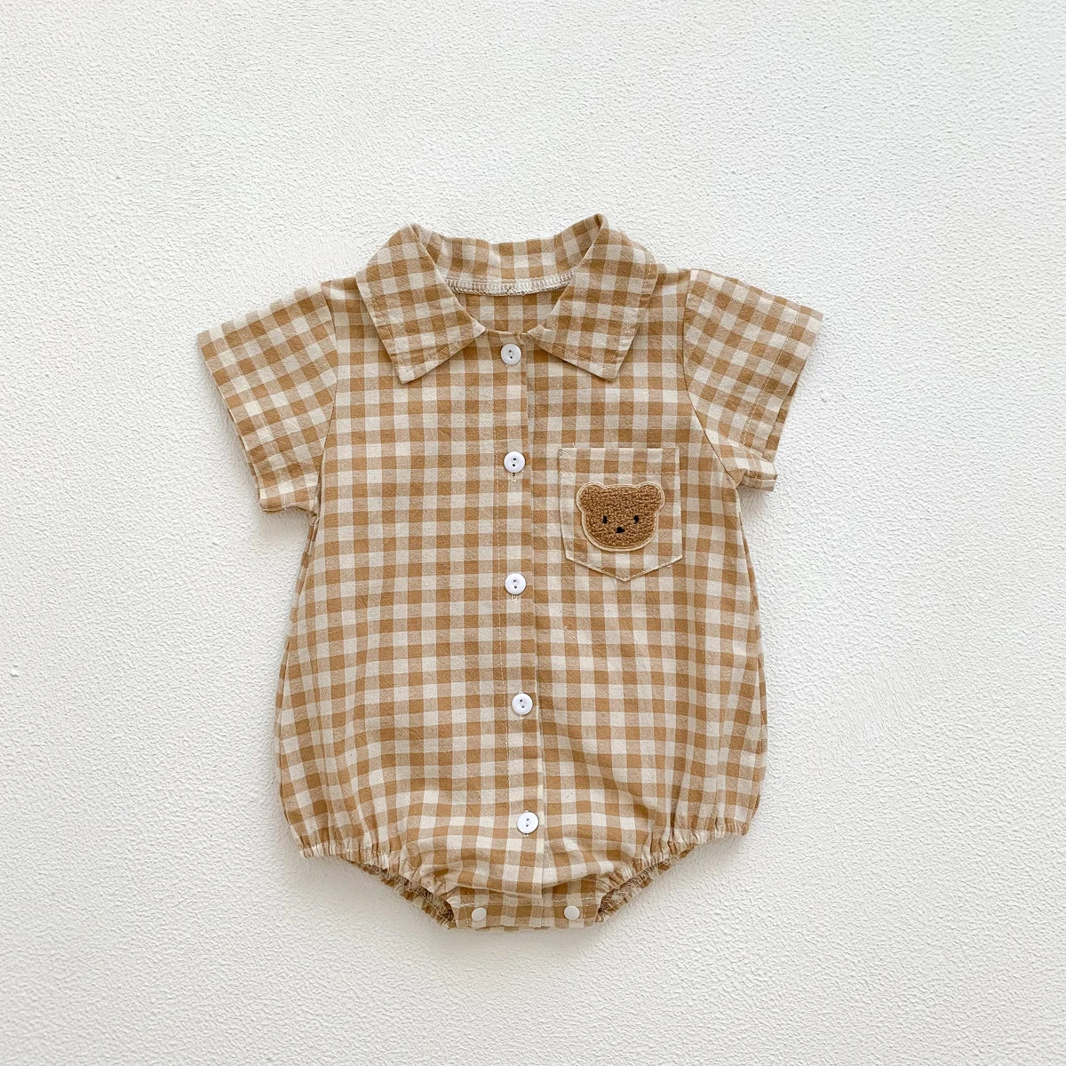 Baby Summer Clothes Boys Checked Bear Embroidered Shirt Collar Short-Sleeved Jumpsuit Children's Clothing