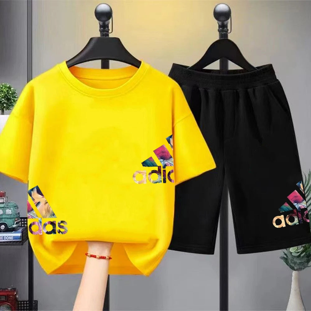 Summer Boys Girls Tee+shorts suit Children Short Sleeve T-shirts Child Loose Casual Pink Black Fashion white stamp Clothes