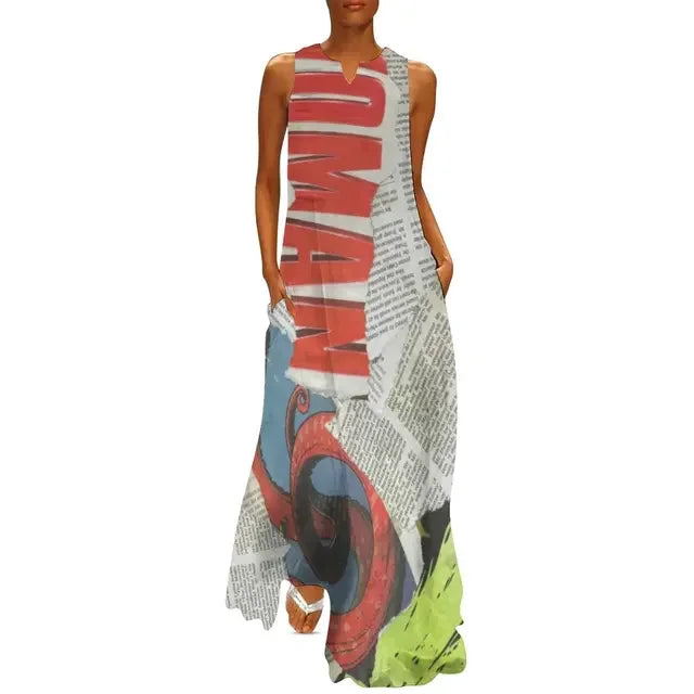 Newspaper Collage Print Dress Women Elegant Maxi Dress Street Style Casual Sleeveless Long Dress Summer V-Neck Pattern Vestidos