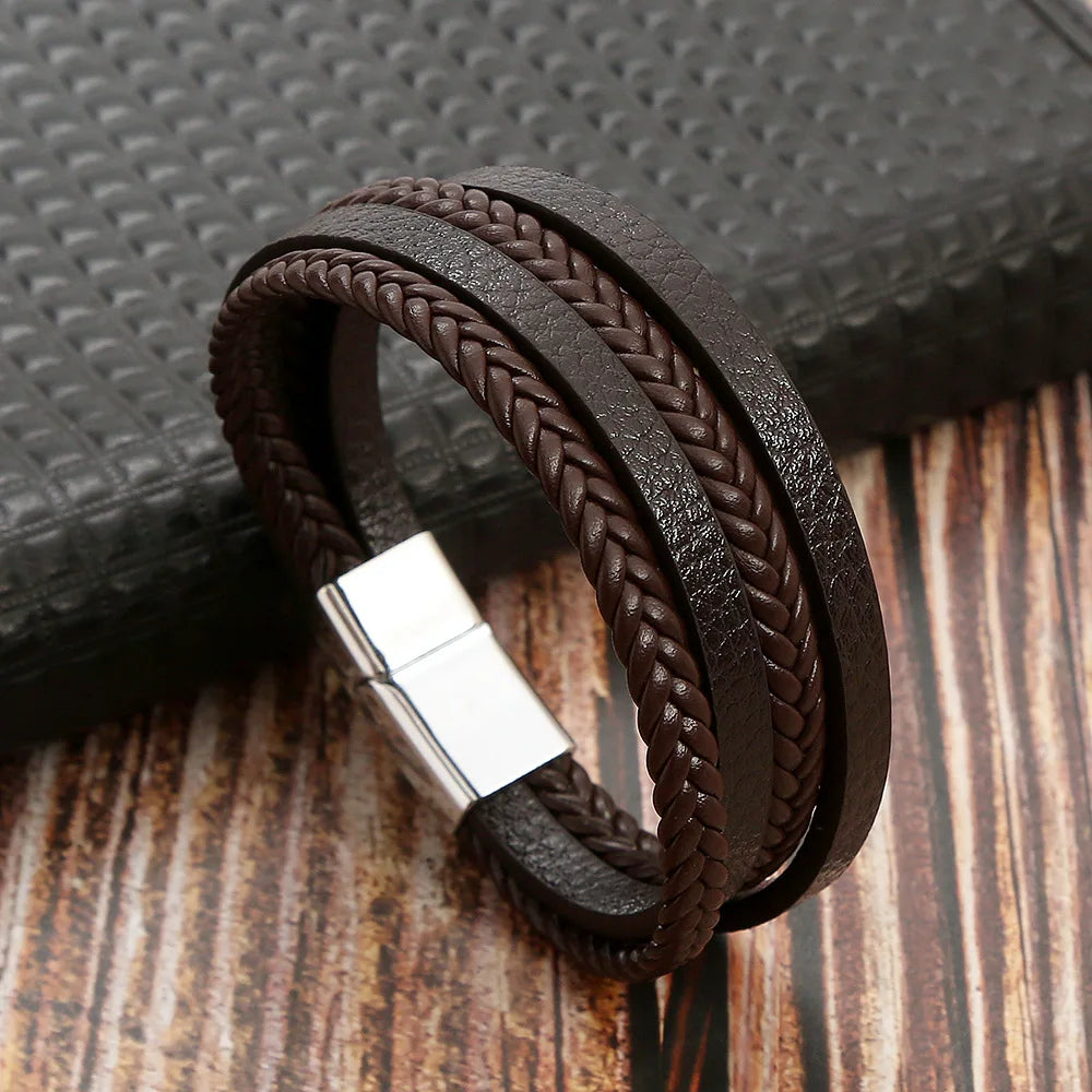 Classic 4-Layer Tiger Eye Stone Hand-Woven Leather Bracelets For Men Punk Fashion Alloy Magnetic Buckle Casual Bracelet Jewelry