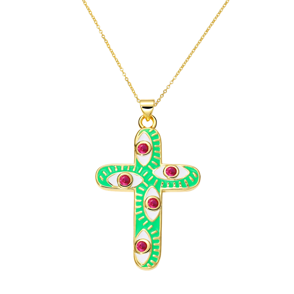 Juya 18K Real Gold Plated Handmade Decoration Cubic Zirconia Enamel Cross Pendant Necklace For Women Christian Jewelry Supplies