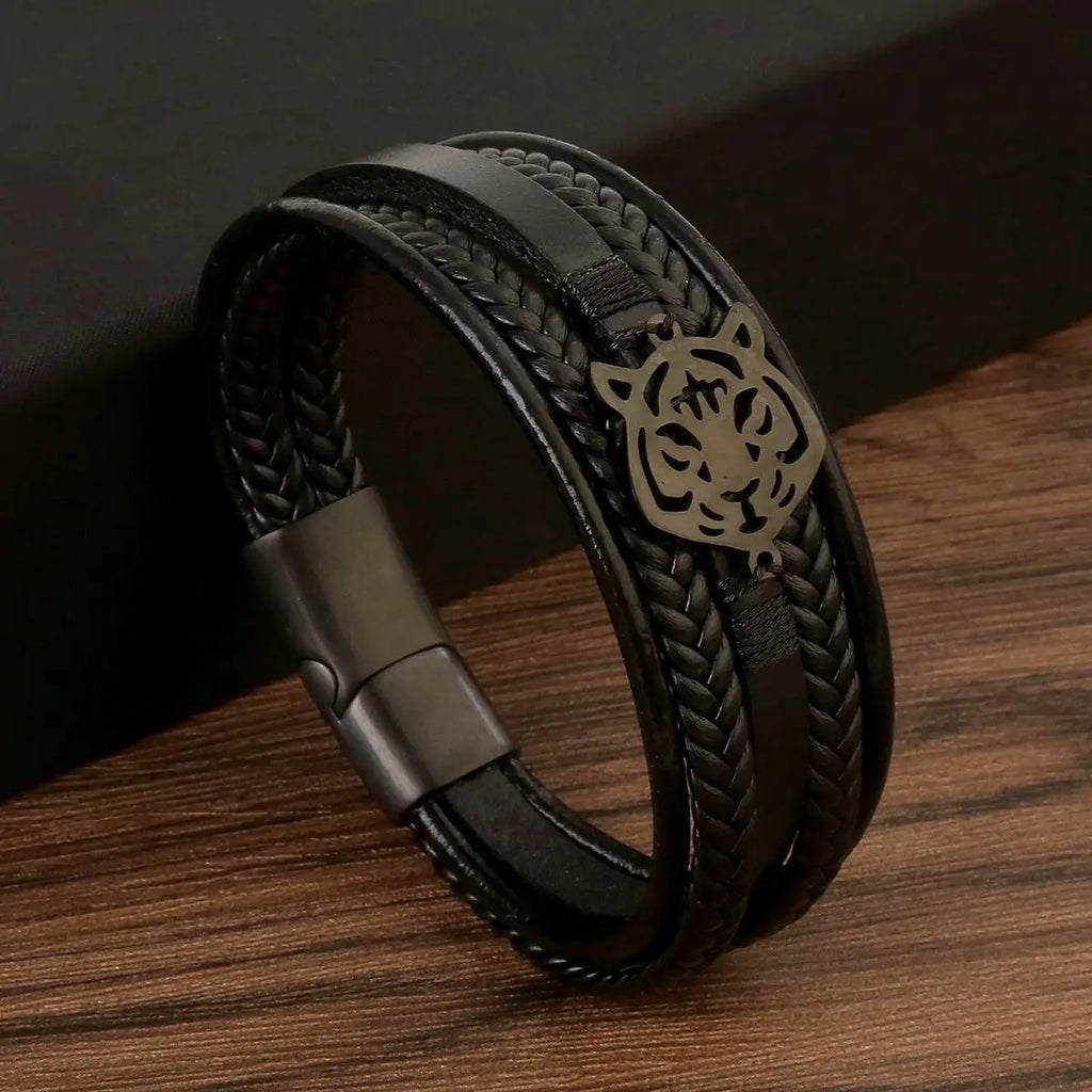 Classic 4-Layer Tiger Eye Stone Hand-Woven Leather Bracelets For Men Punk Fashion Alloy Magnetic Buckle Casual Bracelet Jewelry