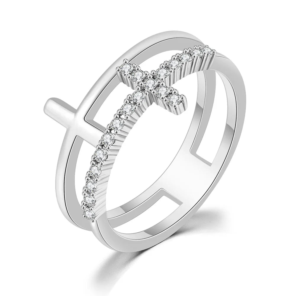 Korean Fashion Cross Crystal Rings For Women Personality Micro Pave CZ Thin Ring Finger Jewelry Daily Accessories Hot Gift R715