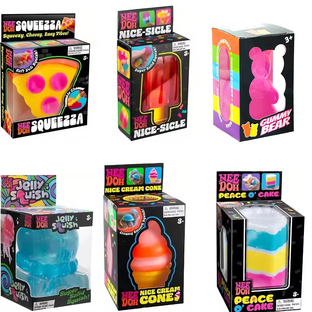 NeeDoh Squishy Toys Set – Pizza, Ice Cream, Gummy Bear, Jelly Squish & Cake Soft Sensory Stress Relief Fidget Toy