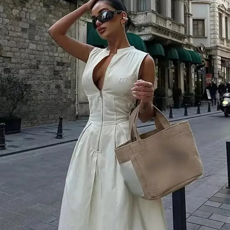 HXAO Female Dress Sleeveless Maxi Dress Women Pleated Zipper Party Dresses Fashion Slim Long Dresses Vacation Casual Dress Woman