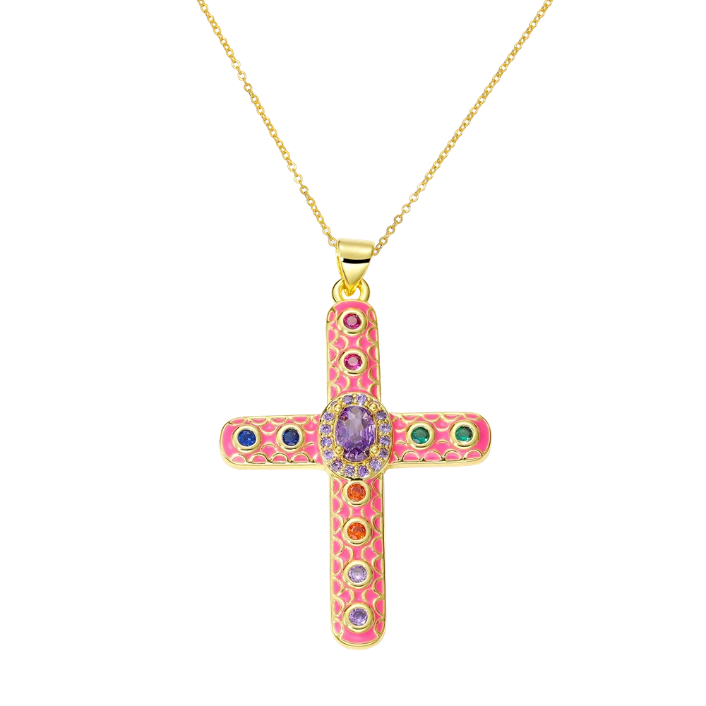 Juya 18K Real Gold Plated Handmade Decoration Cubic Zirconia Enamel Cross Pendant Necklace For Women Christian Jewelry Supplies