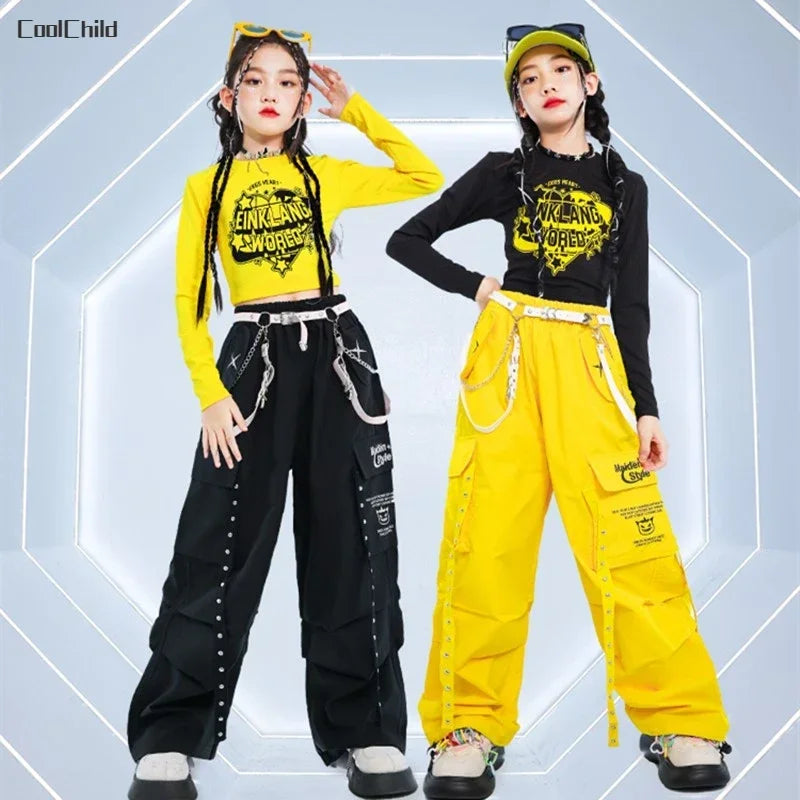Hip Hop Kids Cool Crop Top K-pop Street Dance Cargo Pants Plaid Skirts Girls Streetwear Children Yellow Jazz Costume Clothes Set