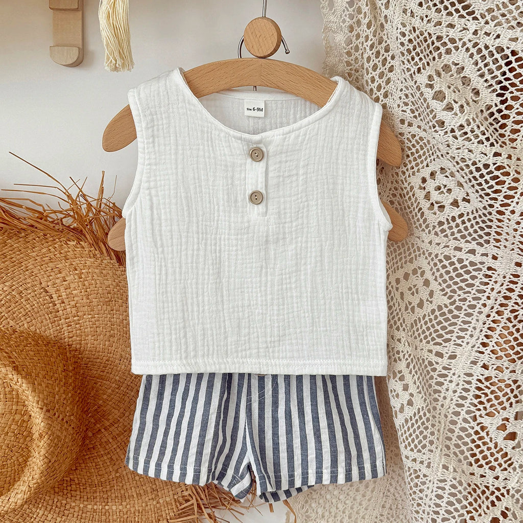 Summer baby clothes  solid color boys striped sleeveless T-shirt Stripe shorts set breathable girls vest  shorts set 0-3Y