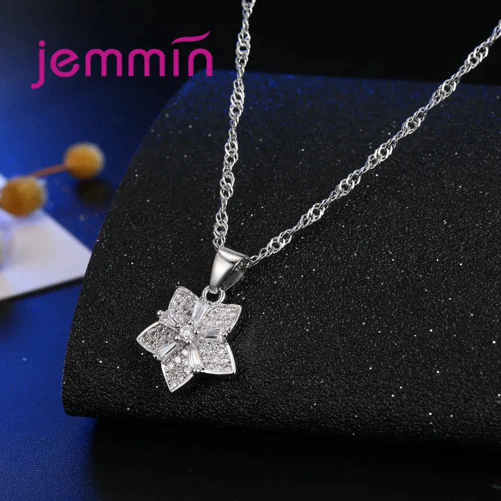 Elegant Genuine 925 Sterling Silver Shinning Crystal Flower Shape Wedding Jewelry Sets Earrings Necklace Sets Bridal Accessories