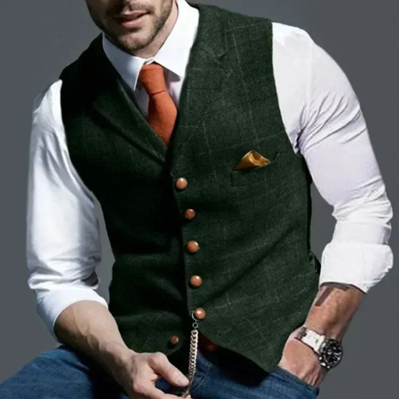 2026 Men's Formal Vests Lapel Tweed Plaid V-neck Waistcoat Slim Vest Business Formal Dress Suit Casual Wedding Tuxedo Male Vest