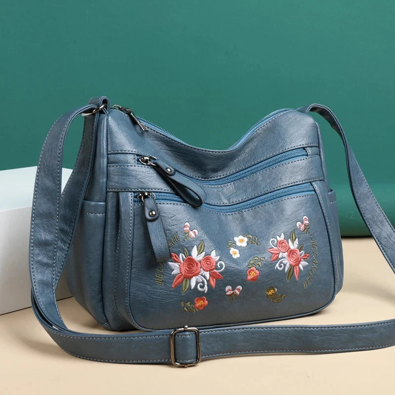 Embroidery Flowers Shoulder Messenger Bag Female Handbags Luxury Designer Purses Soft PU Leather Crossbody Women's Evening Bag