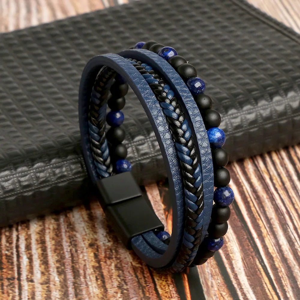 Classic 4-Layer Tiger Eye Stone Hand-Woven Leather Bracelets For Men Punk Fashion Alloy Magnetic Buckle Casual Bracelet Jewelry