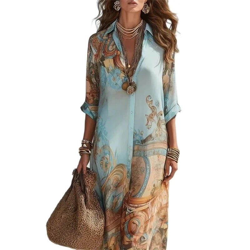 Elegant Shirt Dress For Women Chiffon Digital Print Turndown Collar Single-breasted Dresses Flowy Casual Boho Summer Clothing