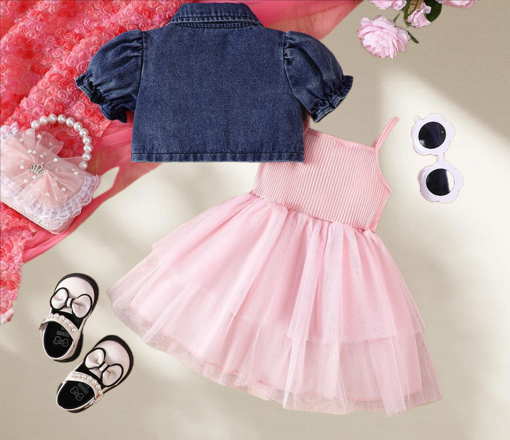 Summer 0-6Y Kids Clothes Girls Denim Collar Short Jacket 2pcs Set Sling Dress Bowknot Tulle Puff Skirt Girl Outfit