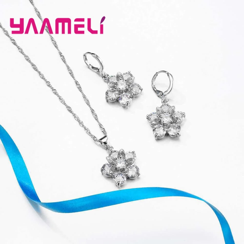 Popular Stylish Jewellery Flowers With Leaves Leaf Women Wedding Party Silver Color Jewelry Sets Paved 3A Zirocon