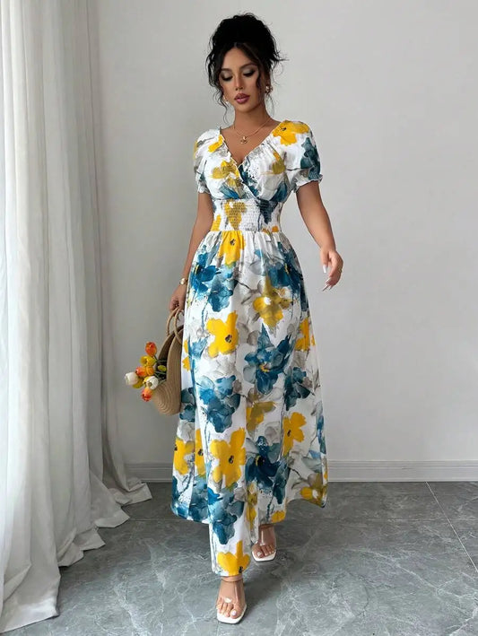 2026 Summer Women Slim Shirred Maxi Dress, V Neck Big Floral Print Long Dress, Yellow And Blue Flower Ladies Dress