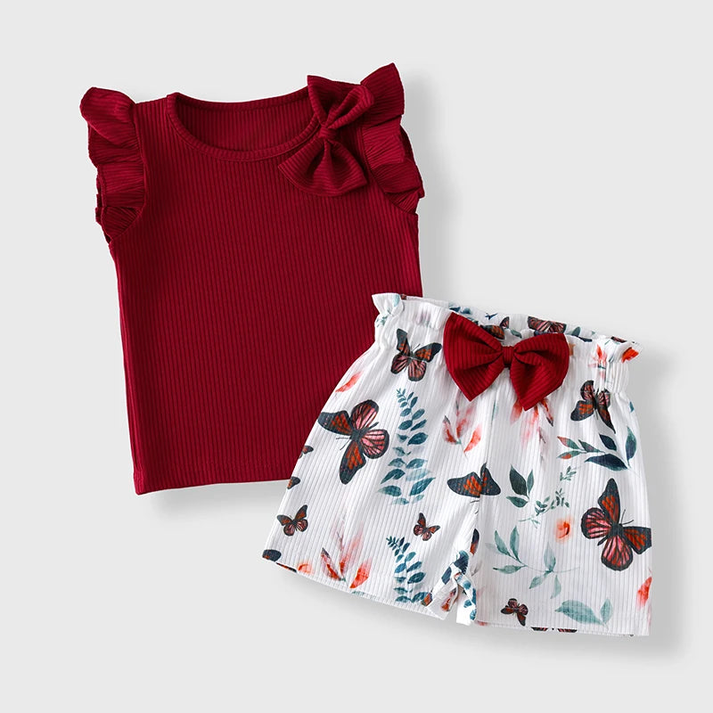 Toddler Girls Summer Outfits 3 Styles Butterfly Print Dress 2Pcs Ruffle Top Shorts Set Kids Casual Clothes