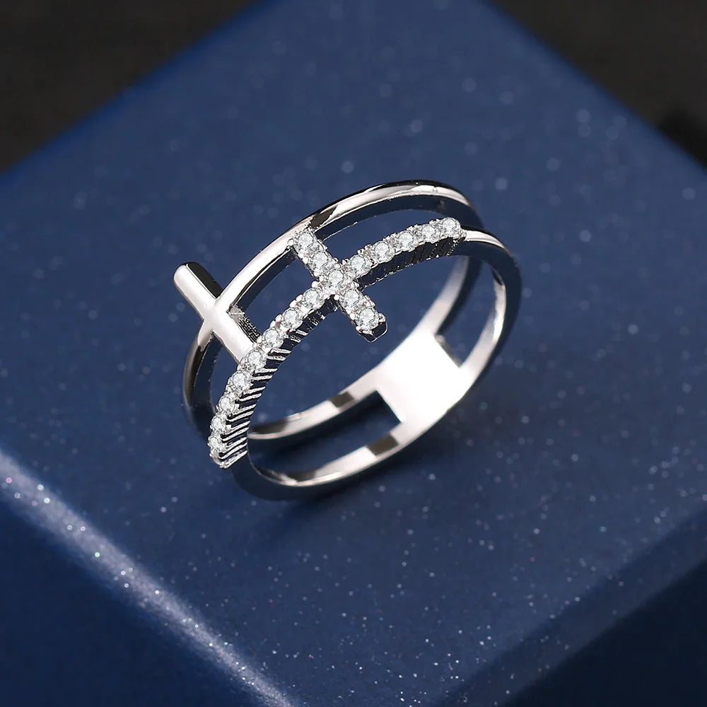 Korean Fashion Cross Crystal Rings For Women Personality Micro Pave CZ Thin Ring Finger Jewelry Daily Accessories Hot Gift R715