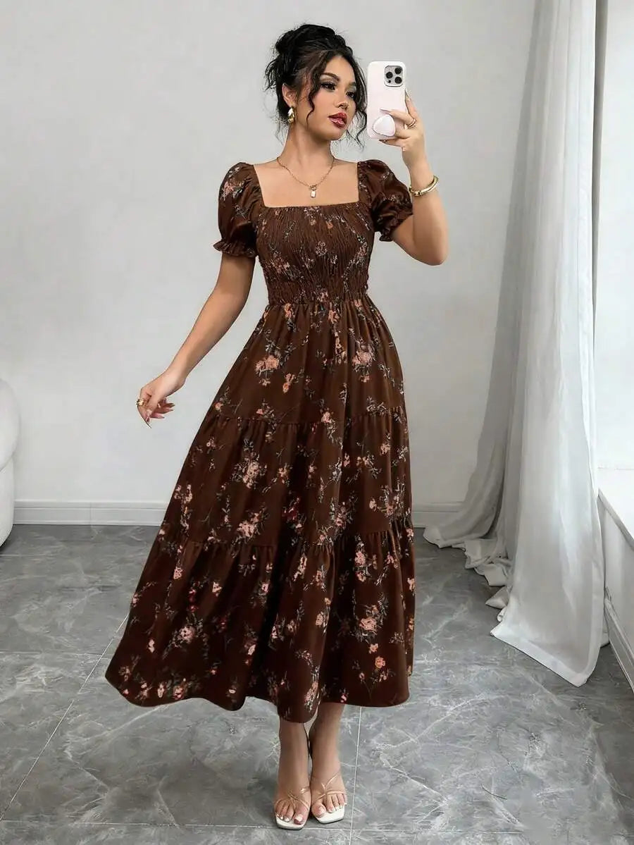 Women's Spring Summer Square Neck Pleated Short Sleeve Ruffle Hem Maxi Dress Ditsy Floral Casual Beach Boho Music Festival Dress