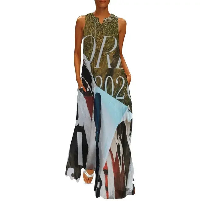 Newspaper Collage Print Dress Women Elegant Maxi Dress Street Style Casual Sleeveless Long Dress Summer V-Neck Pattern Vestidos