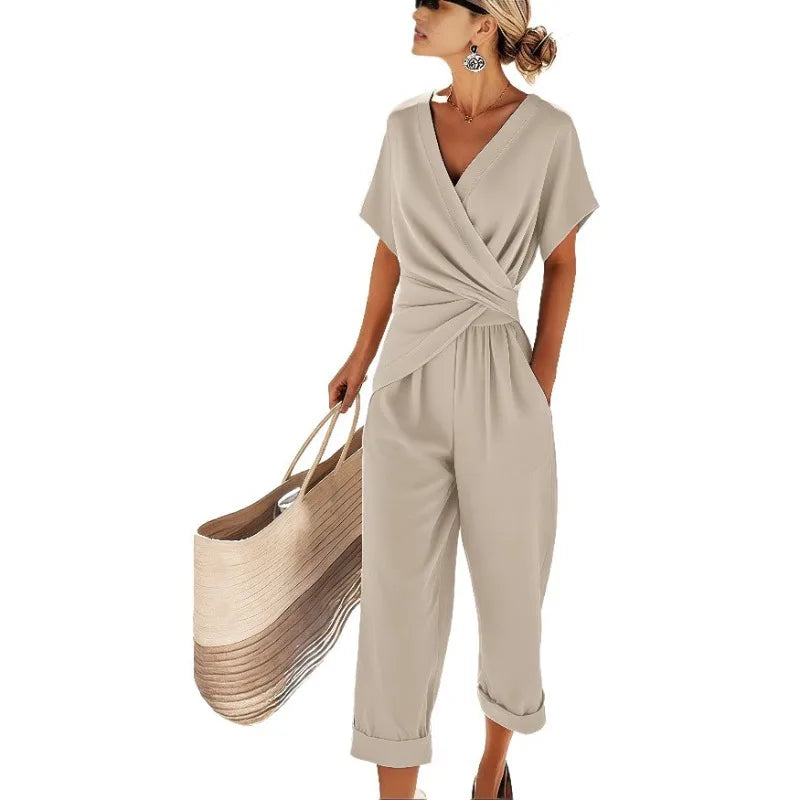 Women's Clothing 2025 Summer New  Fashionable Temperament Elegant Solid Color Irregular Short Sleeved Set New in Matching Sets