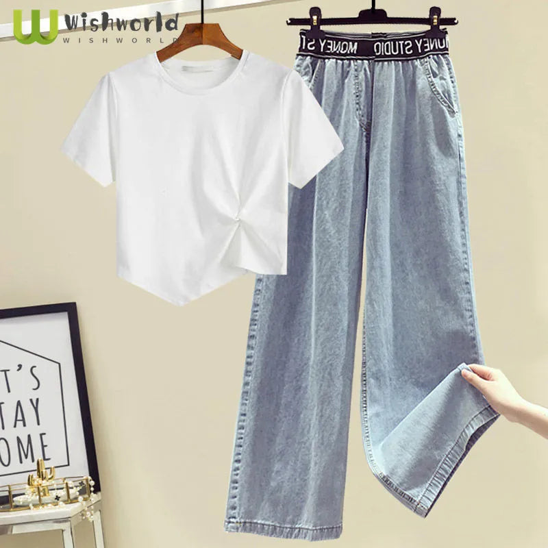 Large Women's 2022 Spring and Summer New Design Sense of Minority T-Shirt Top Thin Wide Leg Jeans Two-piece Suit Women
