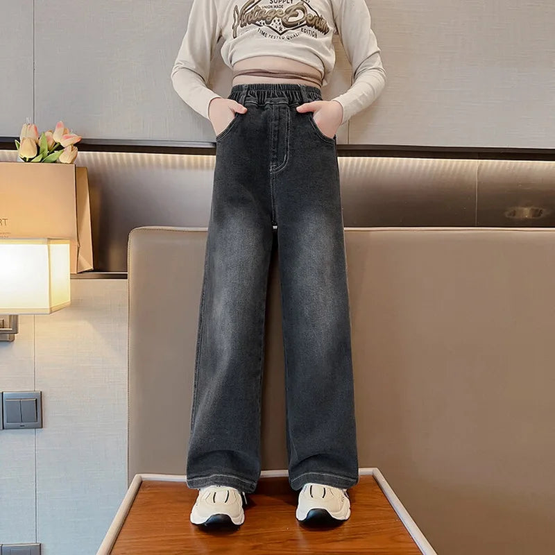 Teenage Girls Jeans 2026 Spring Autumn Casual Fashion Loose Blue Kids Leg Wide Pants School Children Trousers 6 8 10 12 Year