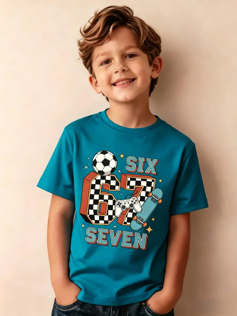 Summer Children's Clothing Fashion 67 Soccer Print Short Sleeve T-Shirt for a Boy Outdoor Street Sports O-Neck Kids Clothes Boys