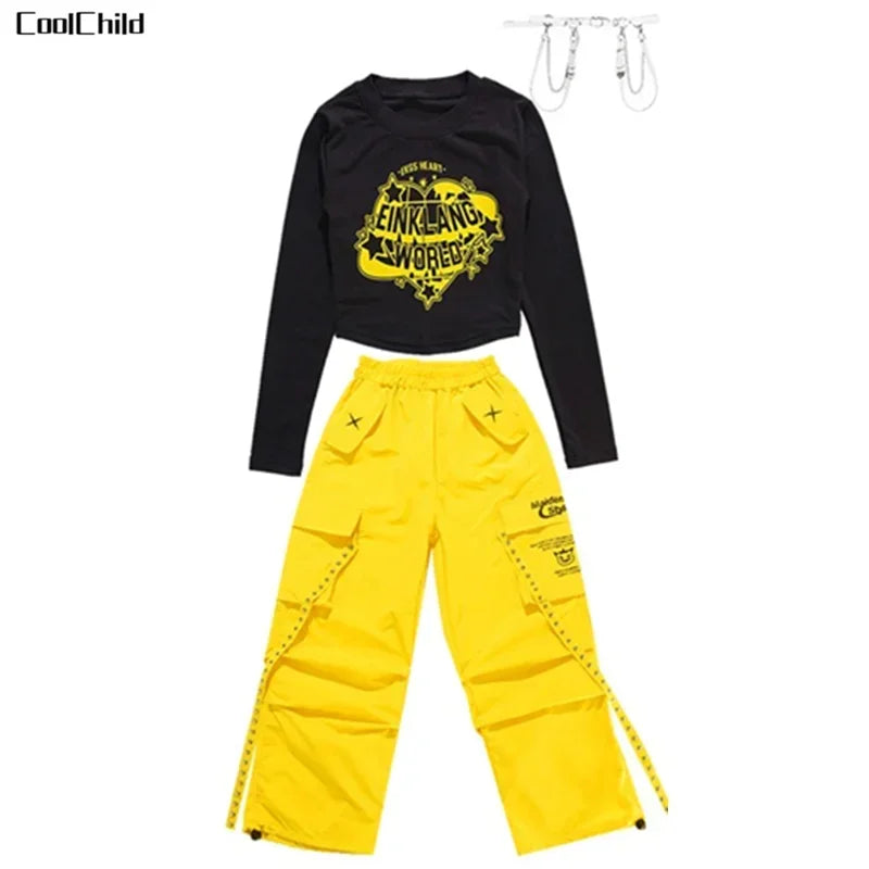 Hip Hop Kids Cool Crop Top K-pop Street Dance Cargo Pants Plaid Skirts Girls Streetwear Children Yellow Jazz Costume Clothes Set