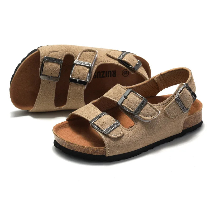 Boys Summer Soft Soled Cork Sandals Children One Line Herringbone Slippers Girl Beach Breathable Double Ring Buckle Casual Shoes