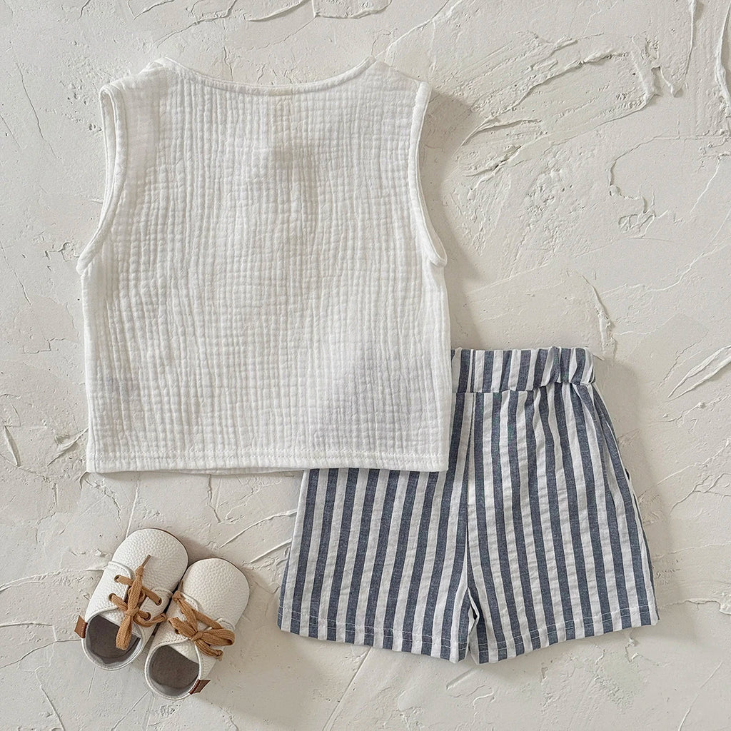 Summer baby clothes  solid color boys striped sleeveless T-shirt Stripe shorts set breathable girls vest  shorts set 0-3Y