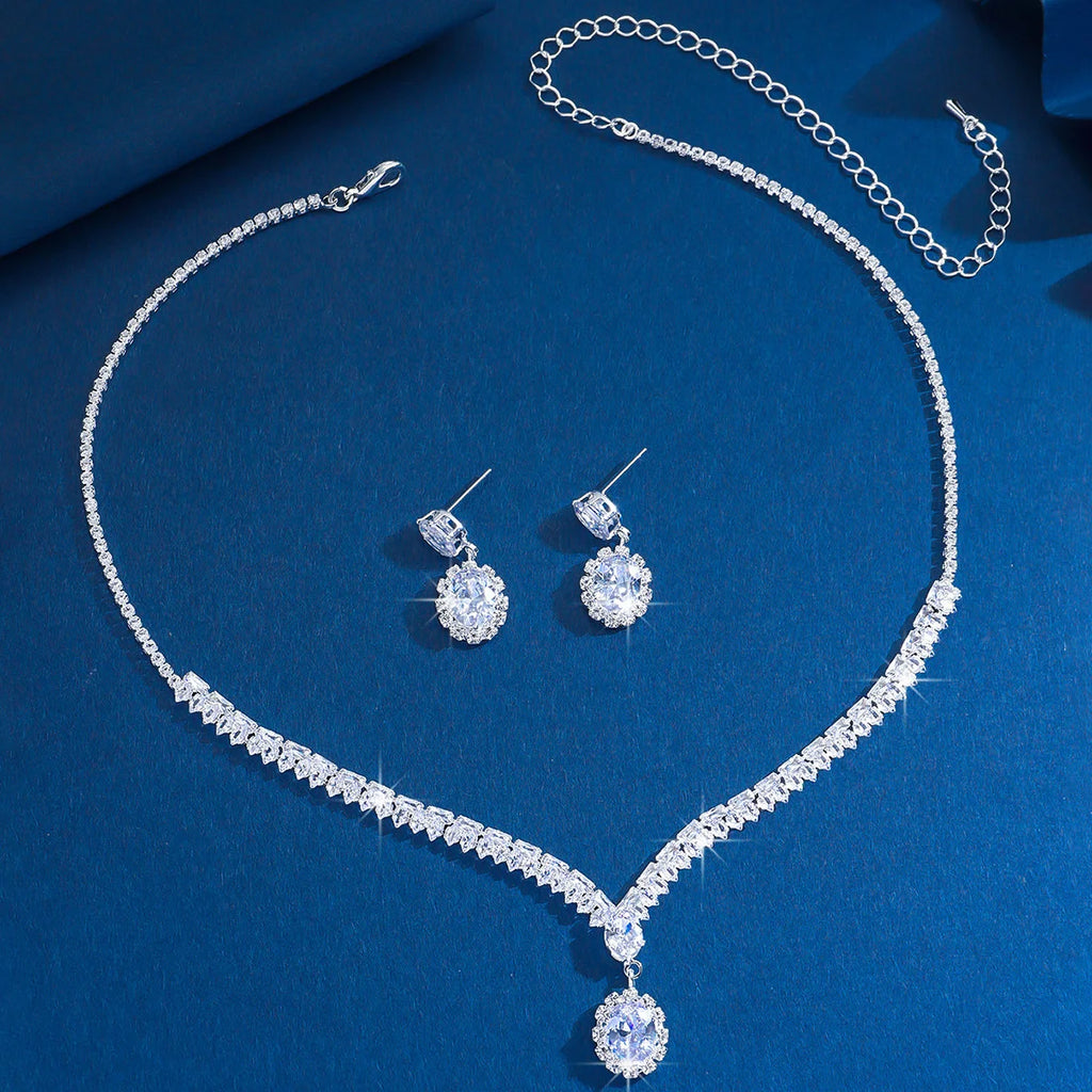 Zircon necklace and earrings set - luxurious style collar chain, high-end style neck accessory, women's jewelry