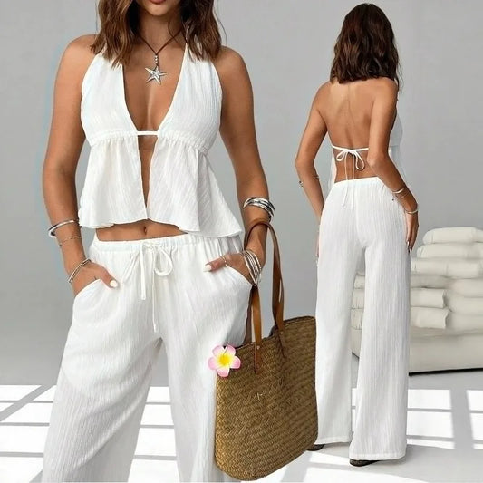 Women 2 Piece Outfits Halter Backless Tie Up Crop Top and Wide Leg Pants Casual Summer Vacation Two Piece Loungewear Tracksuit